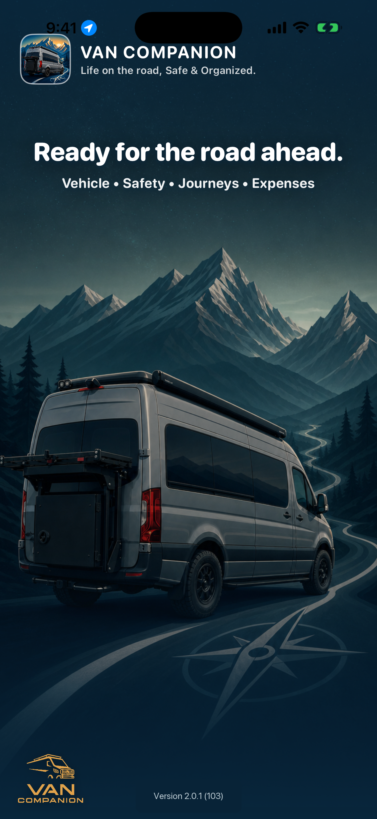 Van Companion app launch screen with a camper van, mountain road, and compass