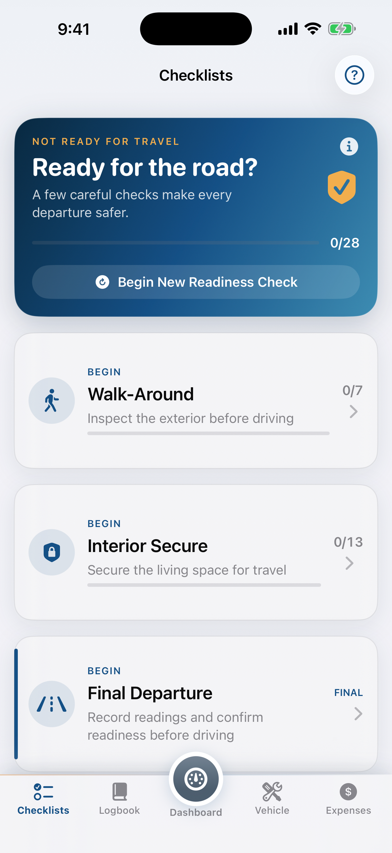 Current Van Companion safety checklists screen