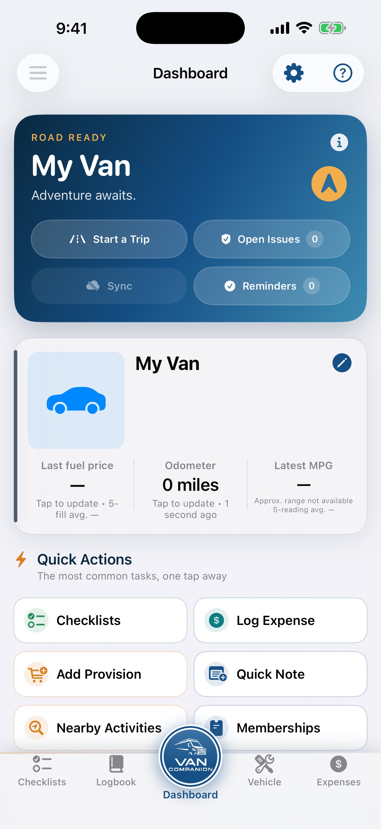 Current Van Companion Road Ready dashboard