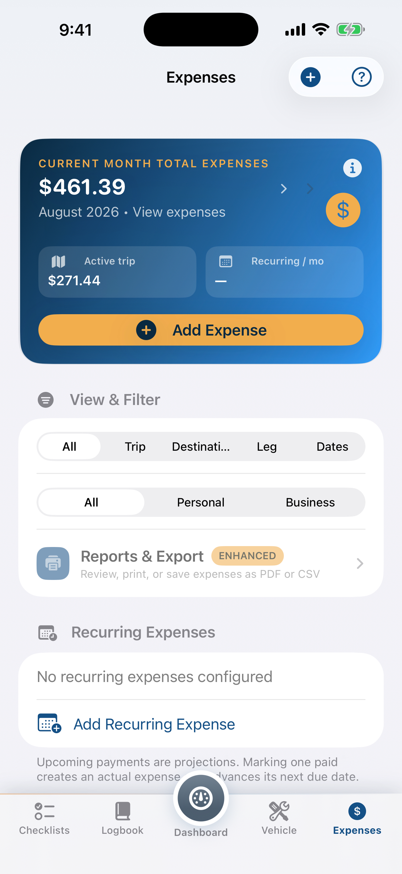 Current Van Companion expenses screen
