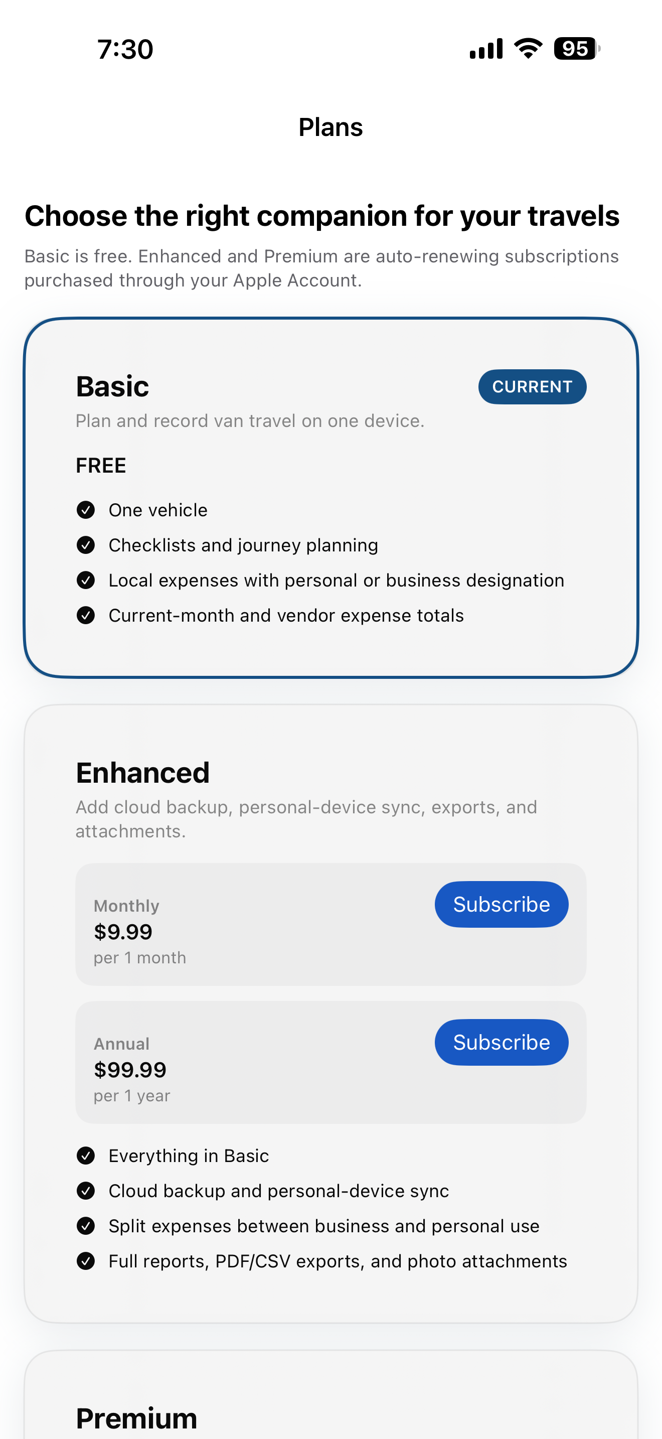 Van Companion Basic, Enhanced, and Premium subscription plans screen